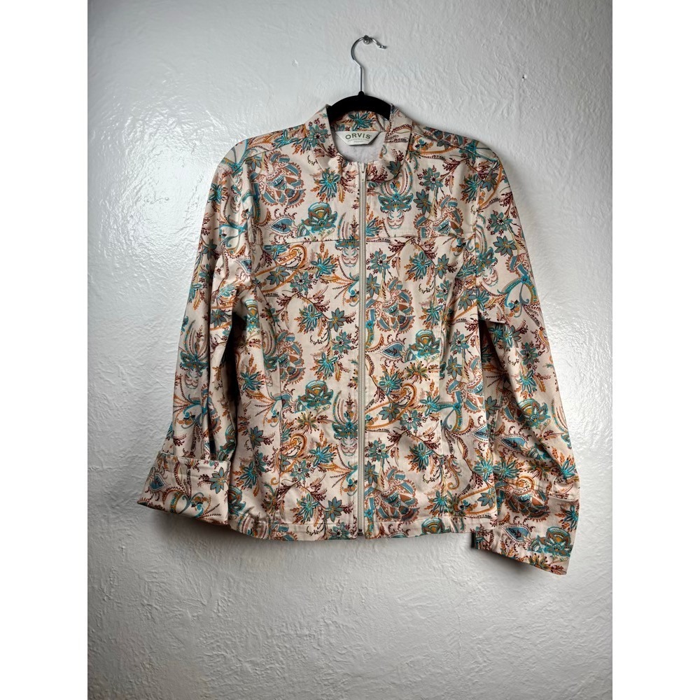 Orvis Zip Front Jacket Womens Large Paisley Floral Mock Neck Stretch Boho